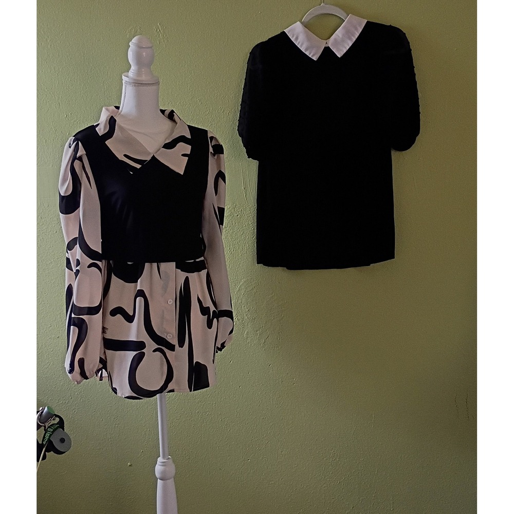 Dark Moody Office Siren Abstract Print Blouse Swiss Dot Collar Top Black White L